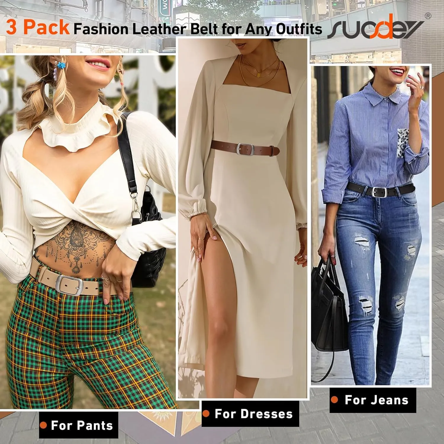 SUOSDEY 3 Pack Fashion Womens Leather Belts, Soft Leather Waist Belt with Pin Buckle for Jeans Pants,width 1.3"