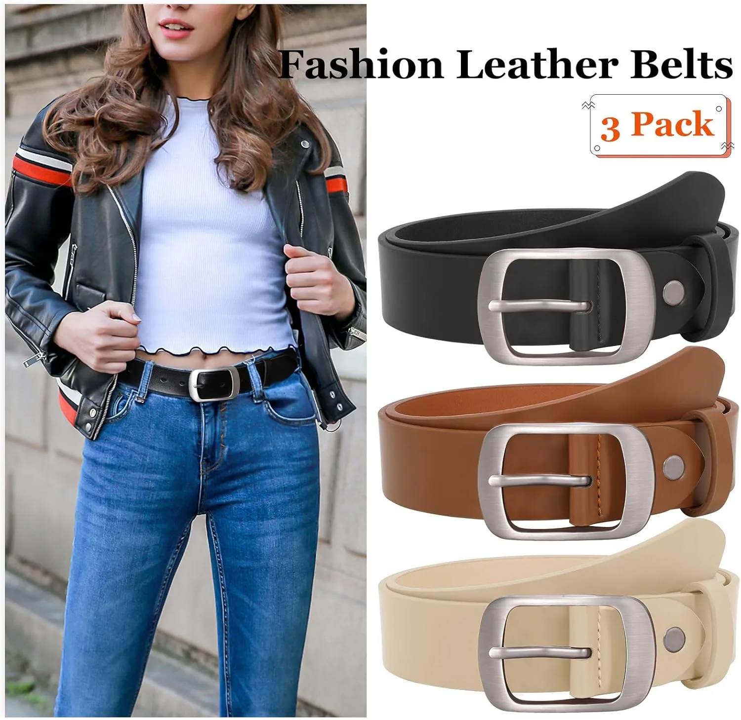 SUOSDEY 3 Pack Fashion Womens Leather Belts, Soft Leather Waist Belt with Pin Buckle for Jeans Pants,width 1.3"