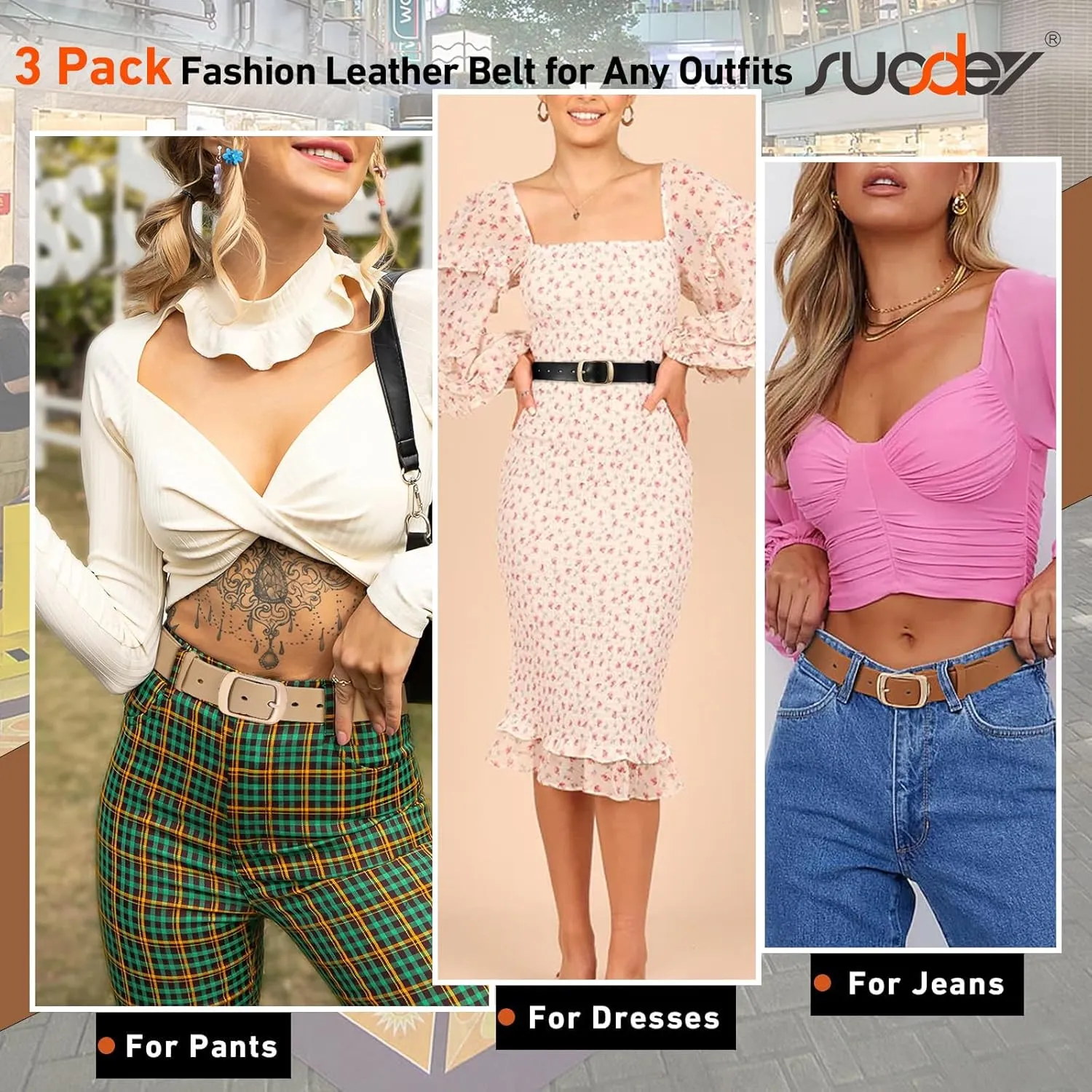 SUOSDEY 3 Pack Fashion Womens Leather Belts, Soft Leather Waist Belt with Pin Buckle for Jeans Pants,width 1.3"