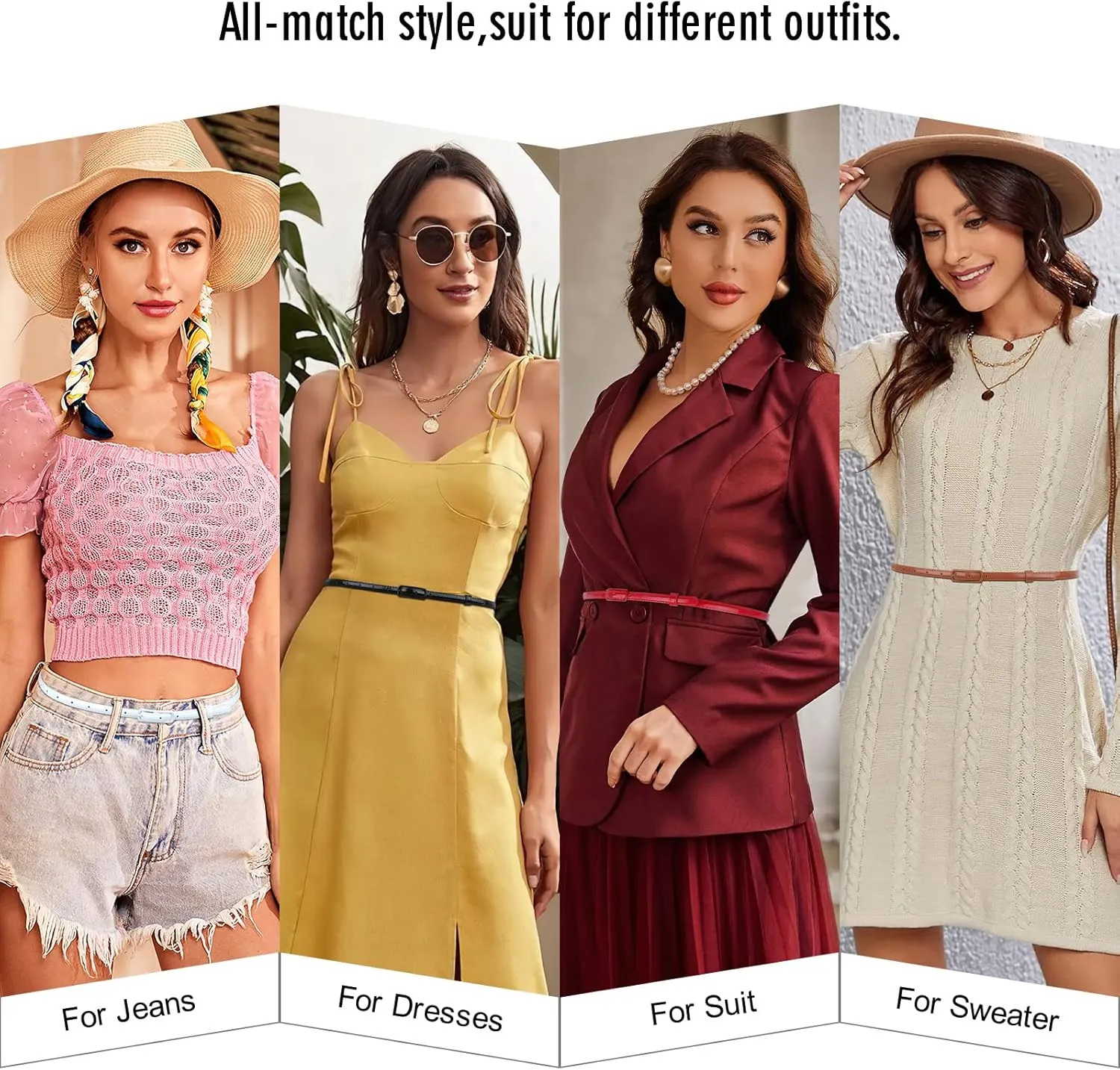SUOSDEY 4 Pack Thin Belts for Women Skinny Leather Belts with Metal Buckle for Dresses Pants Jeans