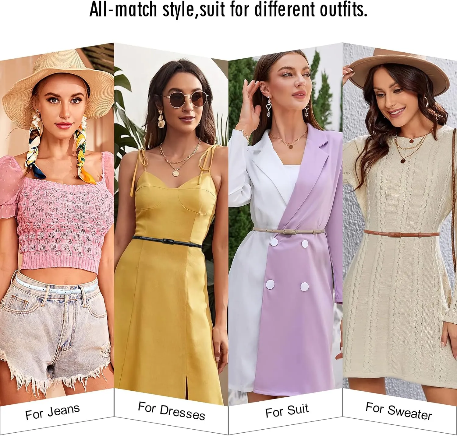 SUOSDEY 4 Pack Thin Belts for Women Skinny Leather Belts with Metal Buckle for Dresses Pants Jeans