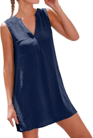 Swimsuit Coverup for Women 2025 V-Neck Sleeveless Linen Dress Summer Beach Vacation Mini Dress with Chest Pocket