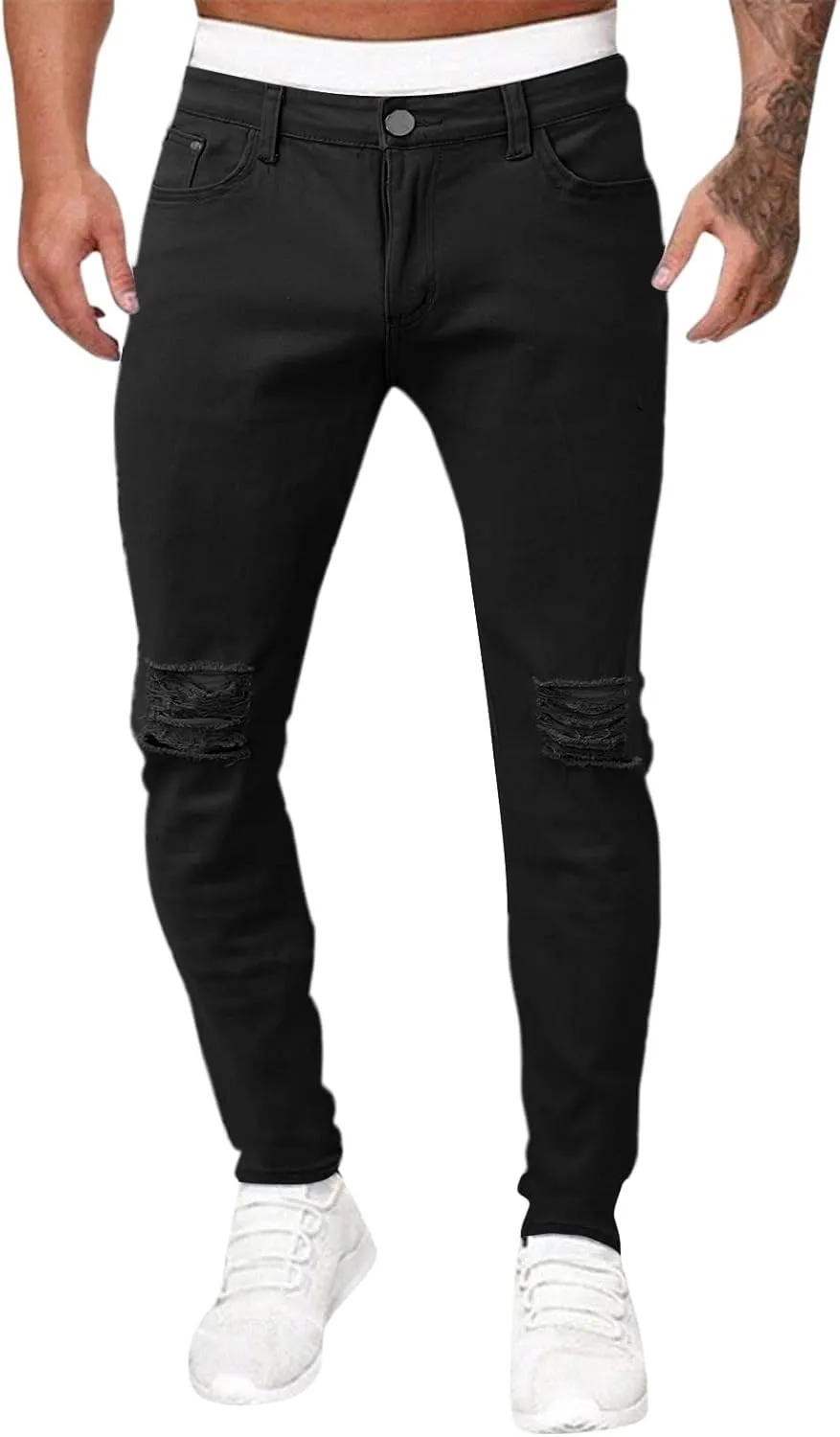 Taped Slim Fit Denim Jeans for Men Stretchy Ripped Skinny Jeans Straight Leg Fashion Comfort Denim Pants Ripped Jeans