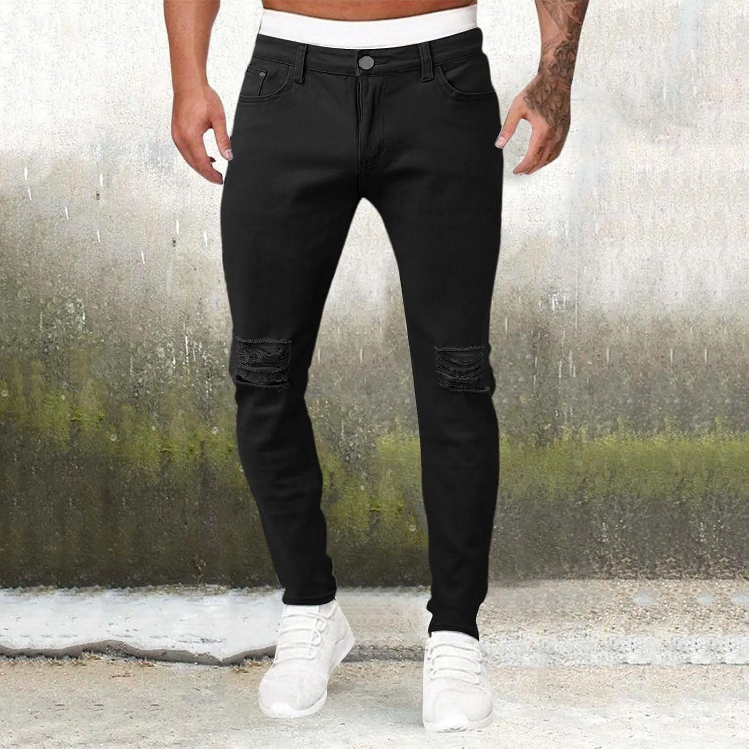 Taped Slim Fit Denim Jeans for Men Stretchy Ripped Skinny Jeans Straight Leg Fashion Comfort Denim Pants Ripped Jeans