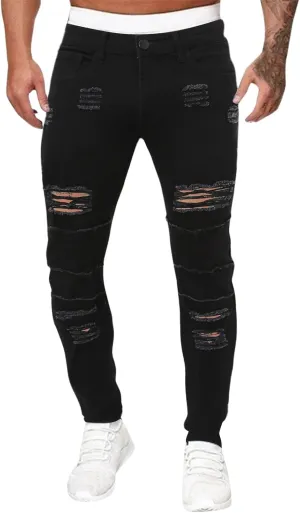 Taped Slim Fit Denim Jeans for Men Stretchy Ripped Skinny Jeans Straight Leg Fashion Comfort Denim Pants Ripped Jeans