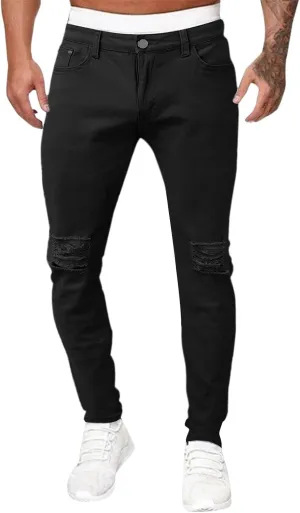 Taped Slim Fit Denim Jeans for Men Stretchy Ripped Skinny Jeans Straight Leg Fashion Comfort Denim Pants Ripped Jeans