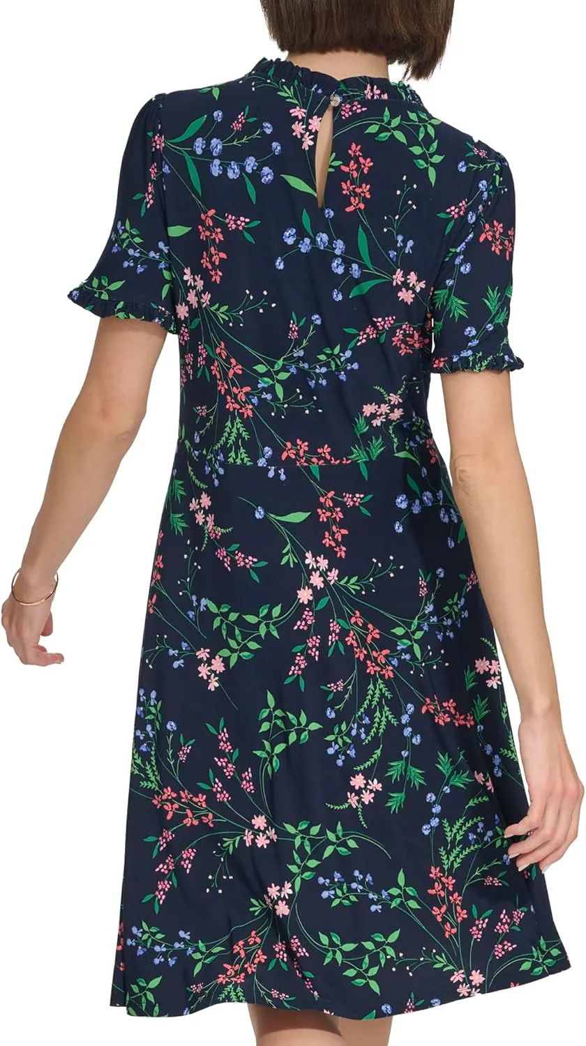 Tommy Hilfiger Women's Short Sleeve High Neck Fit & Flare Mini Dress