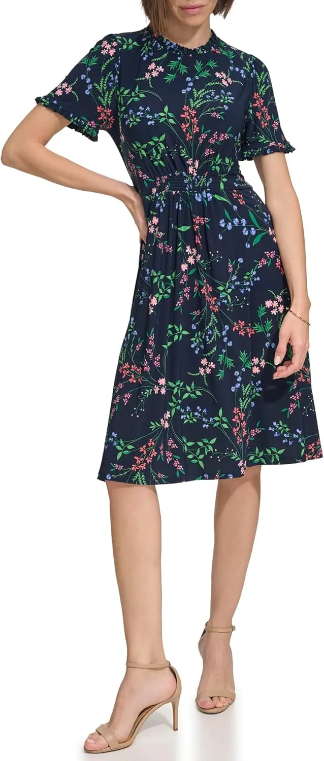 Tommy Hilfiger Women's Short Sleeve High Neck Fit & Flare Mini Dress