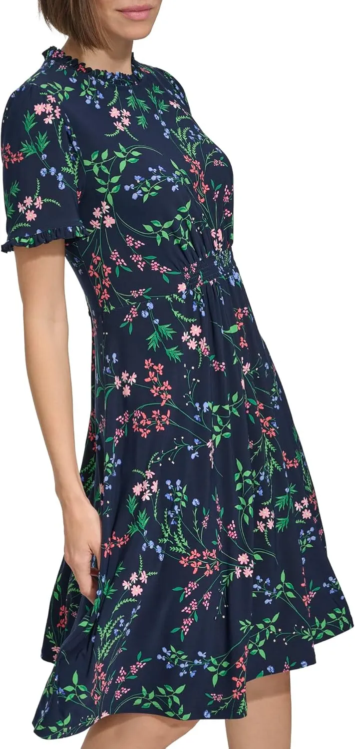 Tommy Hilfiger Women's Short Sleeve High Neck Fit & Flare Mini Dress