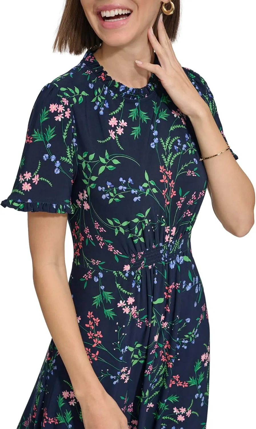 Tommy Hilfiger Women's Short Sleeve High Neck Fit & Flare Mini Dress