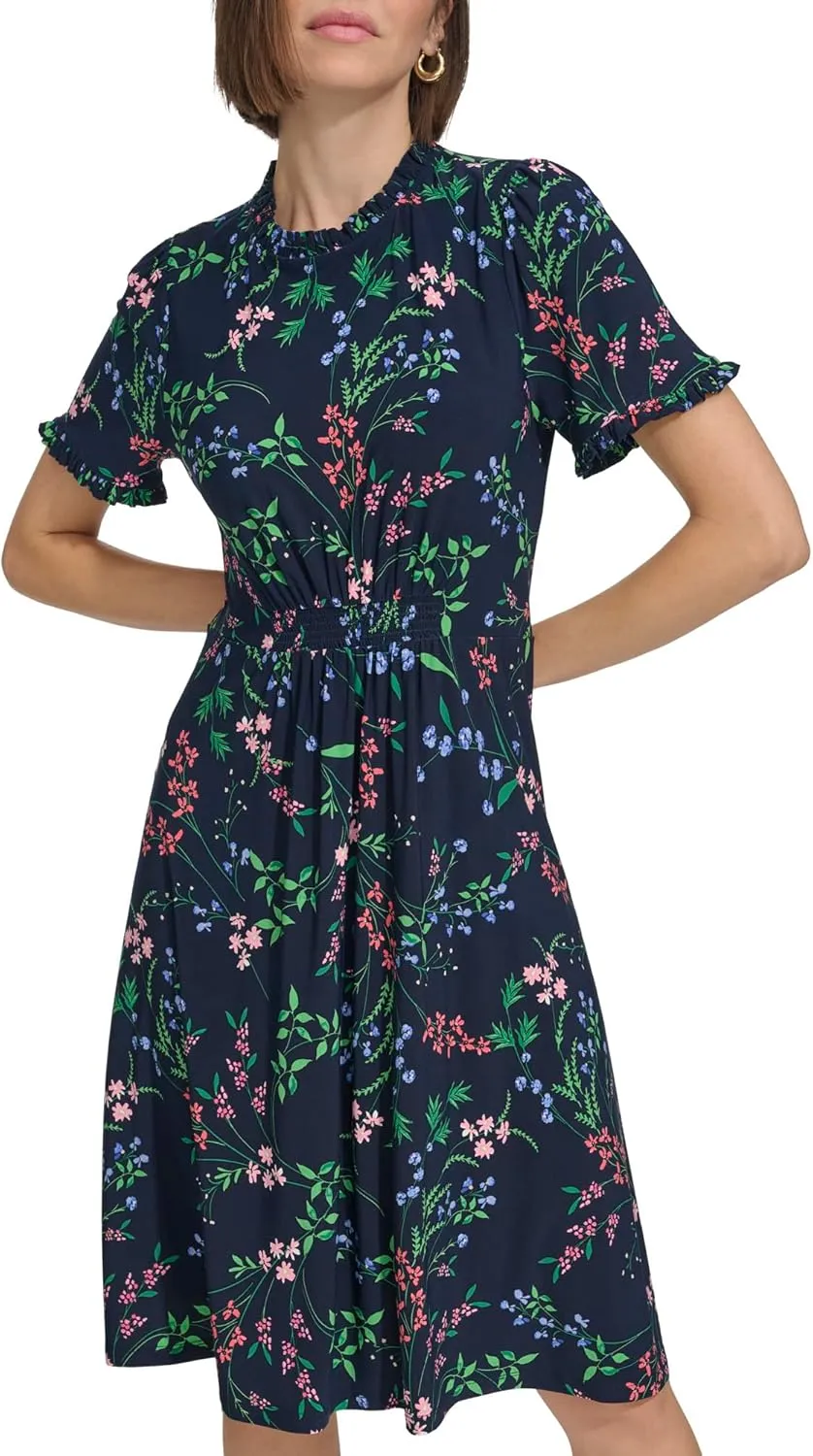 Tommy Hilfiger Women's Short Sleeve High Neck Fit & Flare Mini Dress
