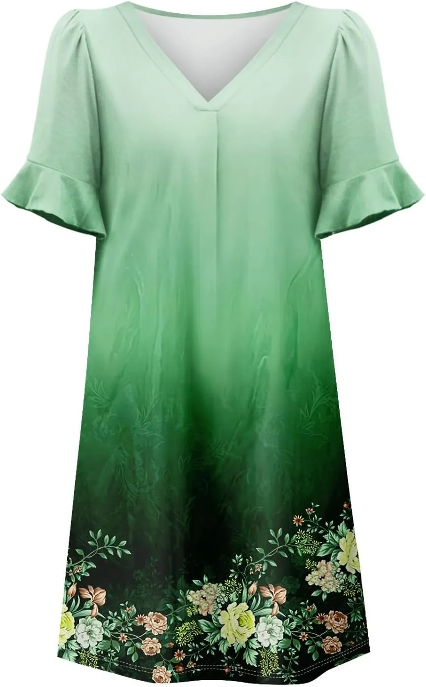 TWGONE Summer Dresses for Curvy Women Plus Size Ruffle Short Sleeve V Neck Casual Semi Formal Shift Dress with Pockets