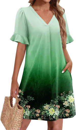 TWGONE Summer Dresses for Curvy Women Plus Size Ruffle Short Sleeve V Neck Casual Semi Formal Shift Dress with Pockets