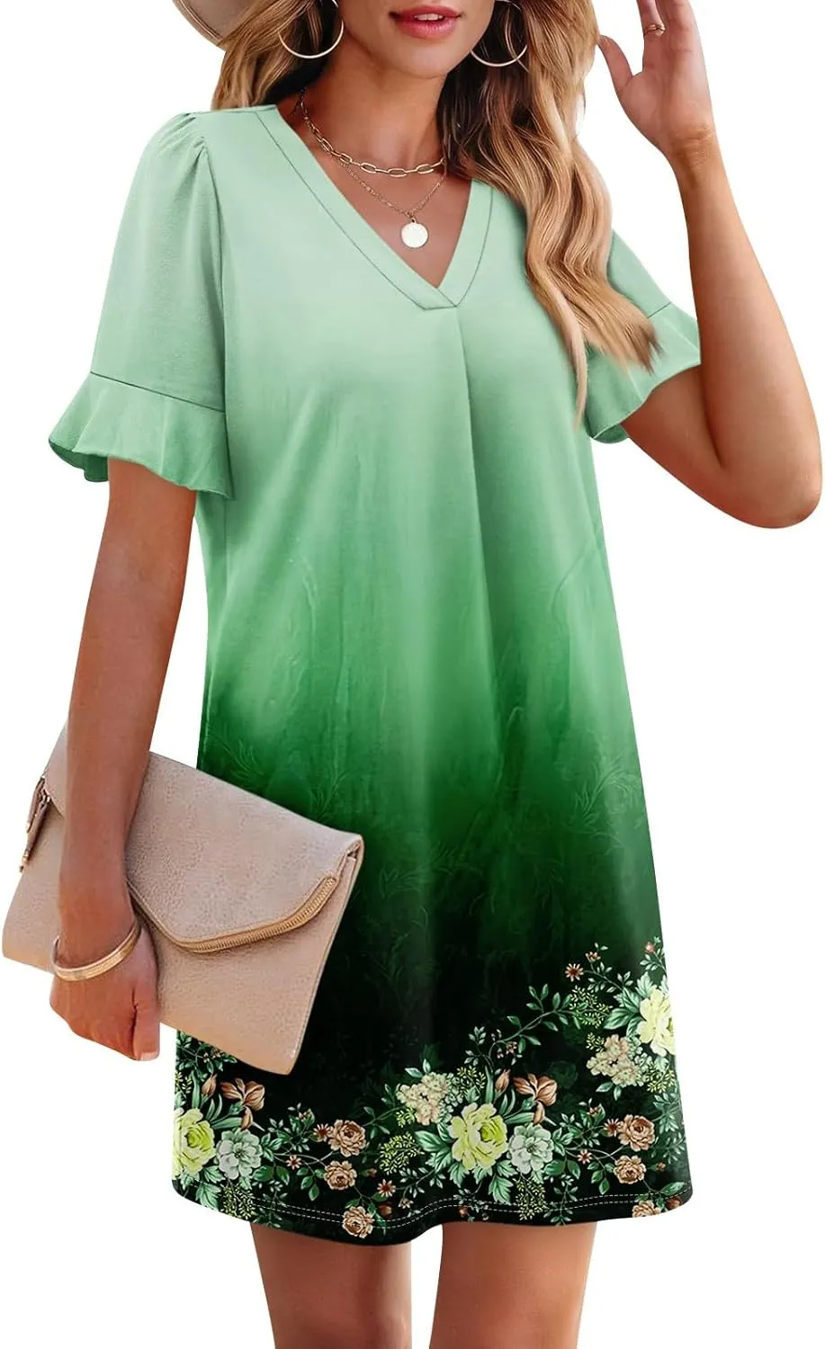 TWGONE Summer Dresses for Curvy Women Plus Size Ruffle Short Sleeve V Neck Casual Semi Formal Shift Dress with Pockets