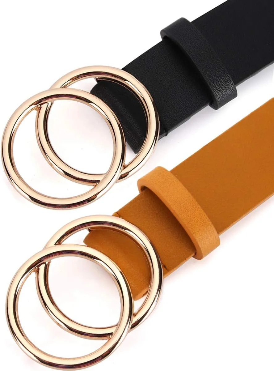 UnFader Pack 2 Women Belts for Jeans with Fashion Double O-Ring Buckle and Faux Leather
