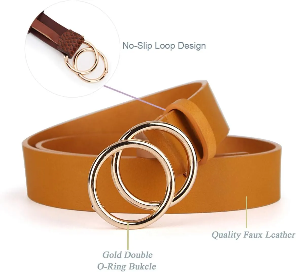 UnFader Pack 2 Women Belts for Jeans with Fashion Double O-Ring Buckle and Faux Leather