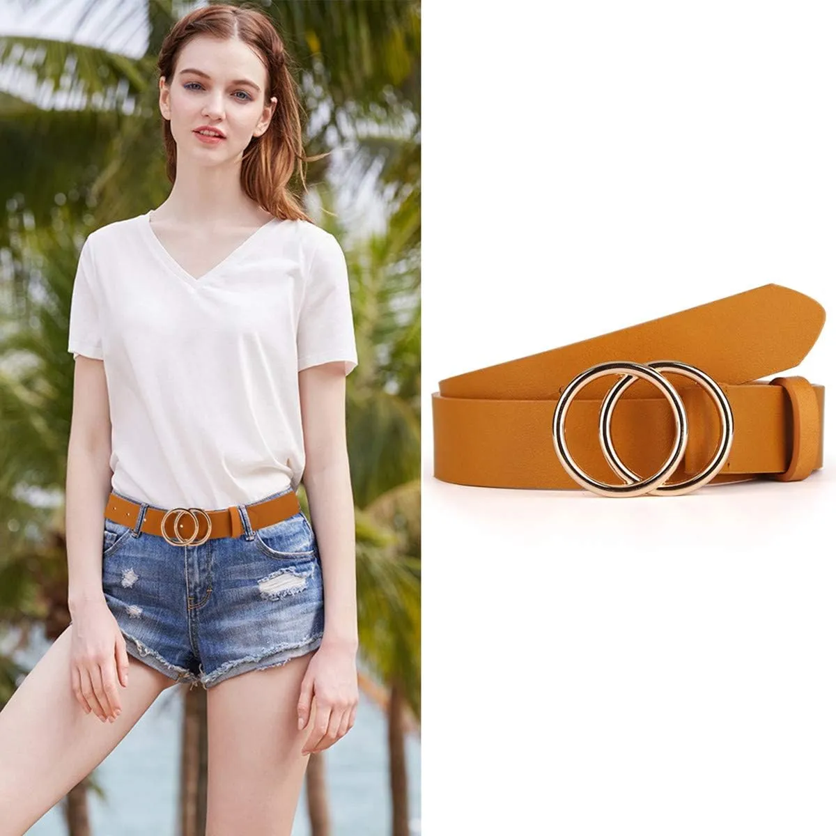 UnFader Pack 2 Women Belts for Jeans with Fashion Double O-Ring Buckle and Faux Leather