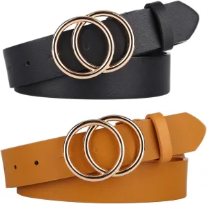 UnFader Pack 2 Women Belts for Jeans with Fashion Double O-Ring Buckle and Faux Leather