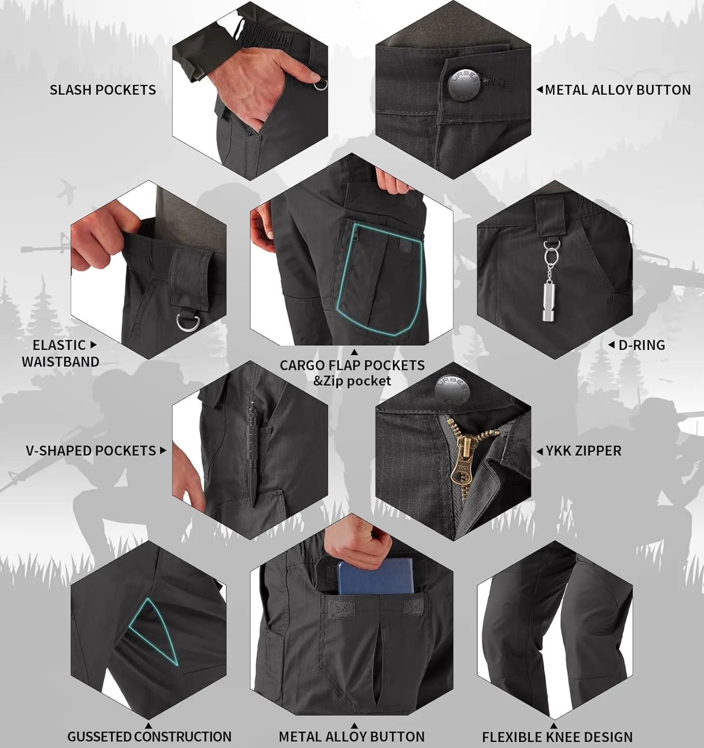 URBEST Men's Ripstop Tactical Pants, Water Resistant Cargo Pants, Outdoor Lightweight Hiking Work Pants