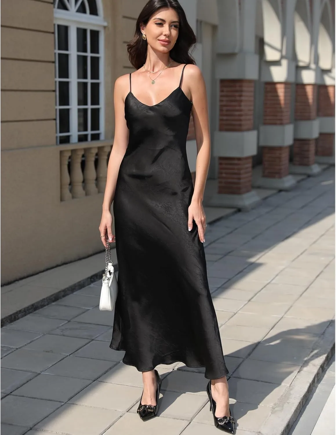 V neck Bias Cut Premium Satin Adjustable Strap Slip Maxi Dress