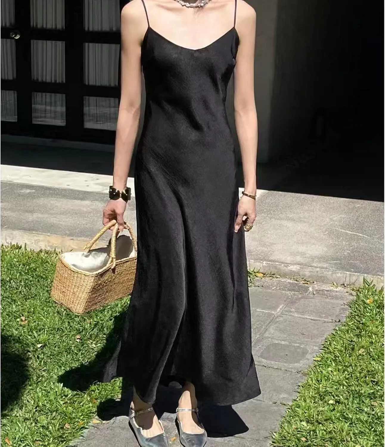 V neck Bias Cut Premium Satin Adjustable Strap Slip Maxi Dress