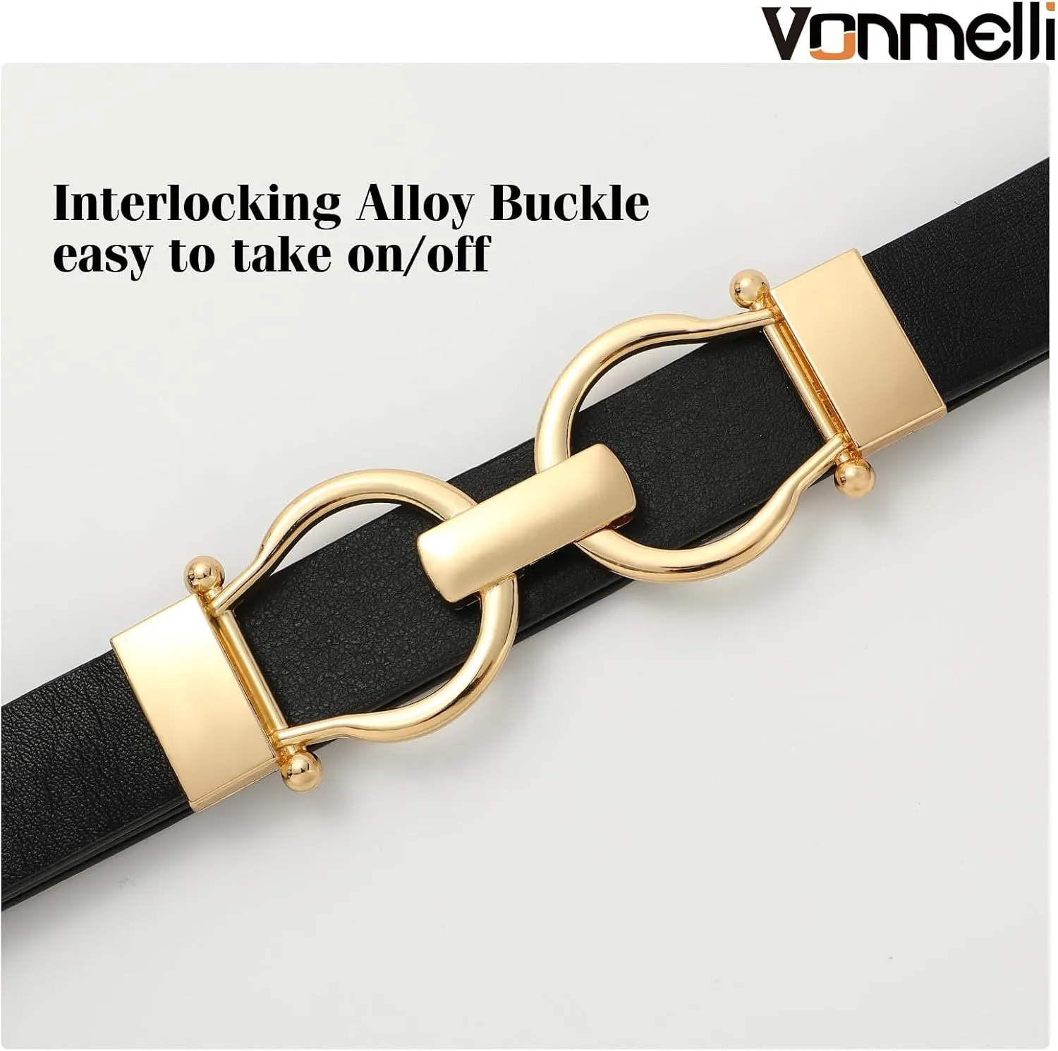 VONMELLI 2 Pack Women's Leather Belts for Jeans Dress Pants Ladies Waist Belt Skinny Belt with Fashion Gold Buckle
