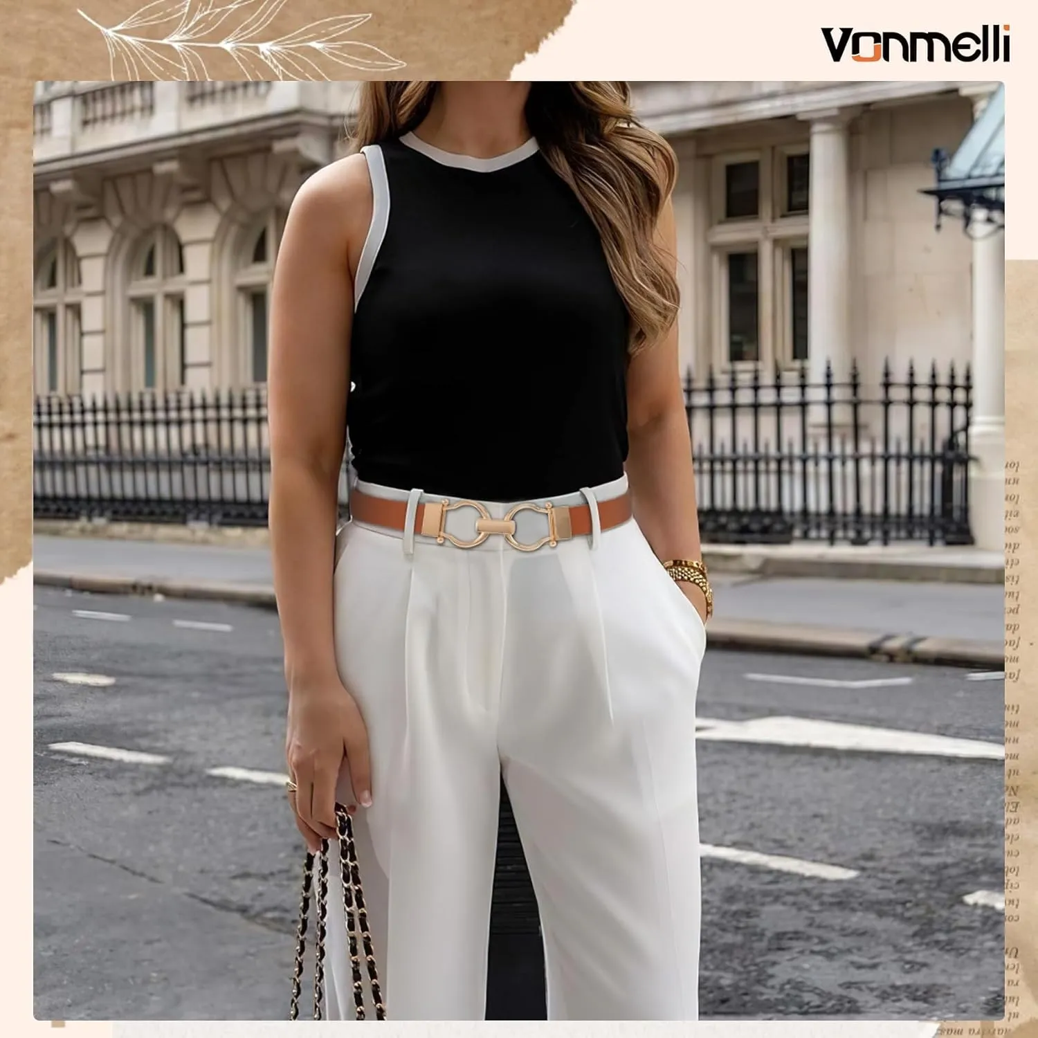 VONMELLI 2 Pack Women's Leather Belts for Jeans Dress Pants Ladies Waist Belt Skinny Belt with Fashion Gold Buckle
