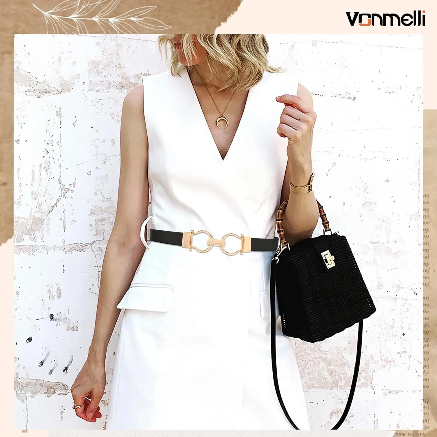 VONMELLI 2 Pack Women's Leather Belts for Jeans Dress Pants Ladies Waist Belt Skinny Belt with Fashion Gold Buckle