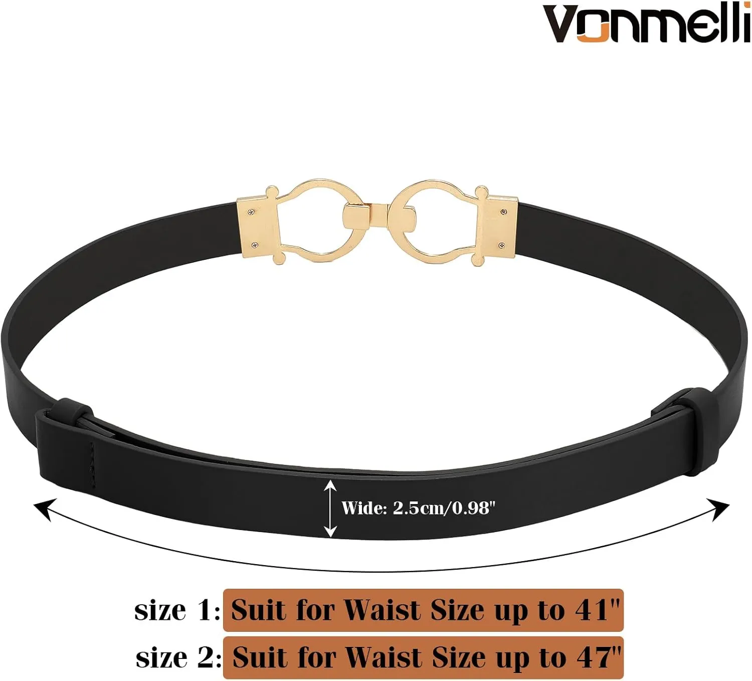 VONMELLI 2 Pack Women's Leather Belts for Jeans Dress Pants Ladies Waist Belt Skinny Belt with Fashion Gold Buckle
