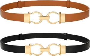 VONMELLI 2 Pack Women's Leather Belts for Jeans Dress Pants Ladies Waist Belt Skinny Belt with Fashion Gold Buckle