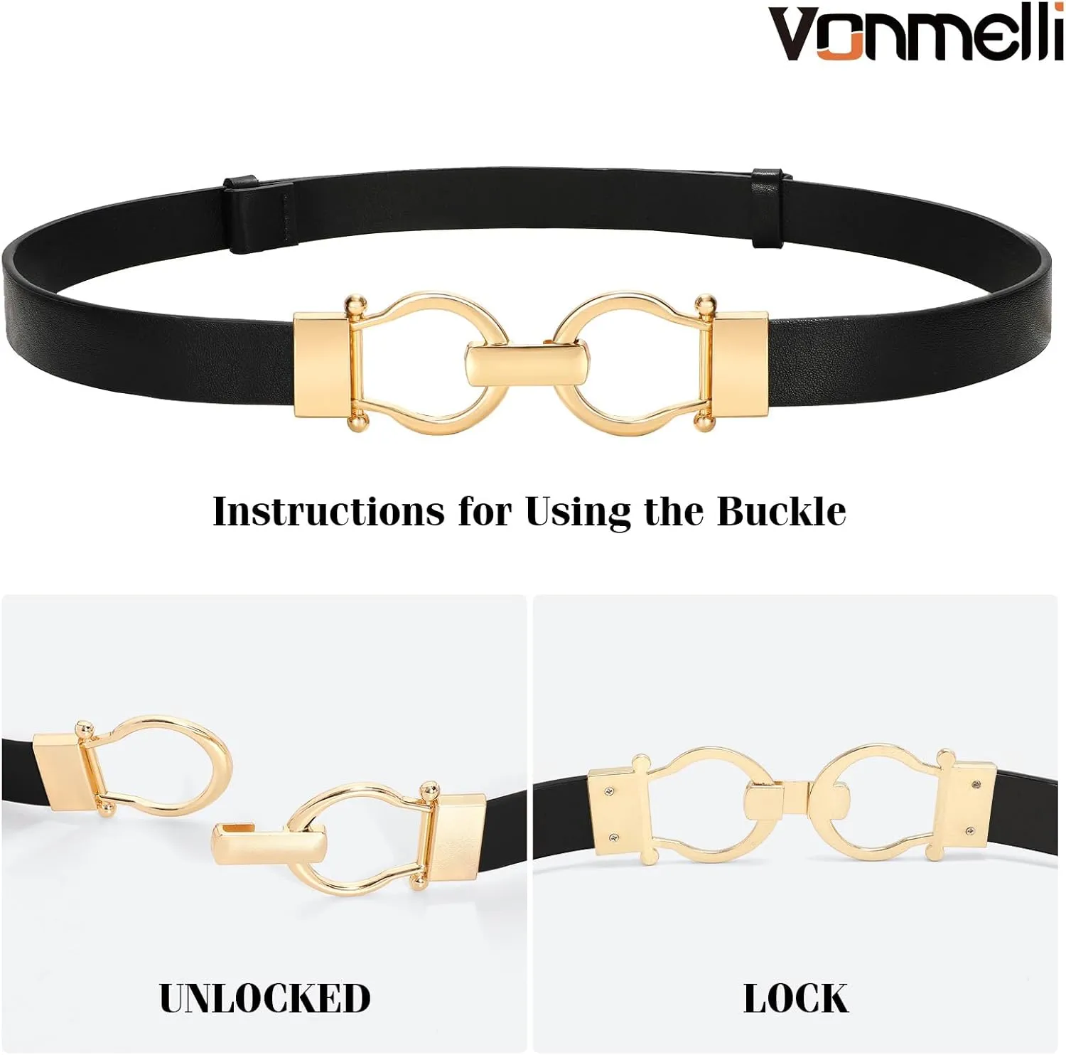 VONMELLI 2 Pack Women's Leather Belts for Jeans Dress Pants Ladies Waist Belt Skinny Belt with Fashion Gold Buckle