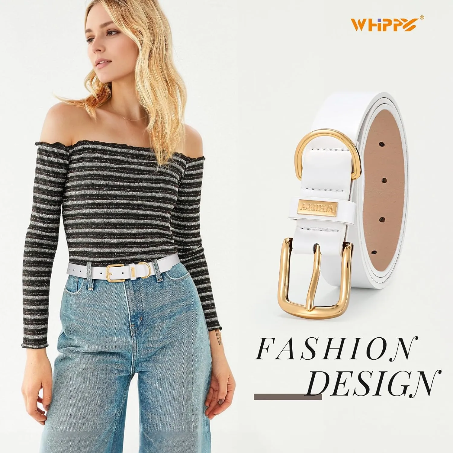 WHIPPY Women Leather Belt Fashion Ladies Waist Belt with Gold Buckle Casual Leather Belt for Jeans Pants Dresses