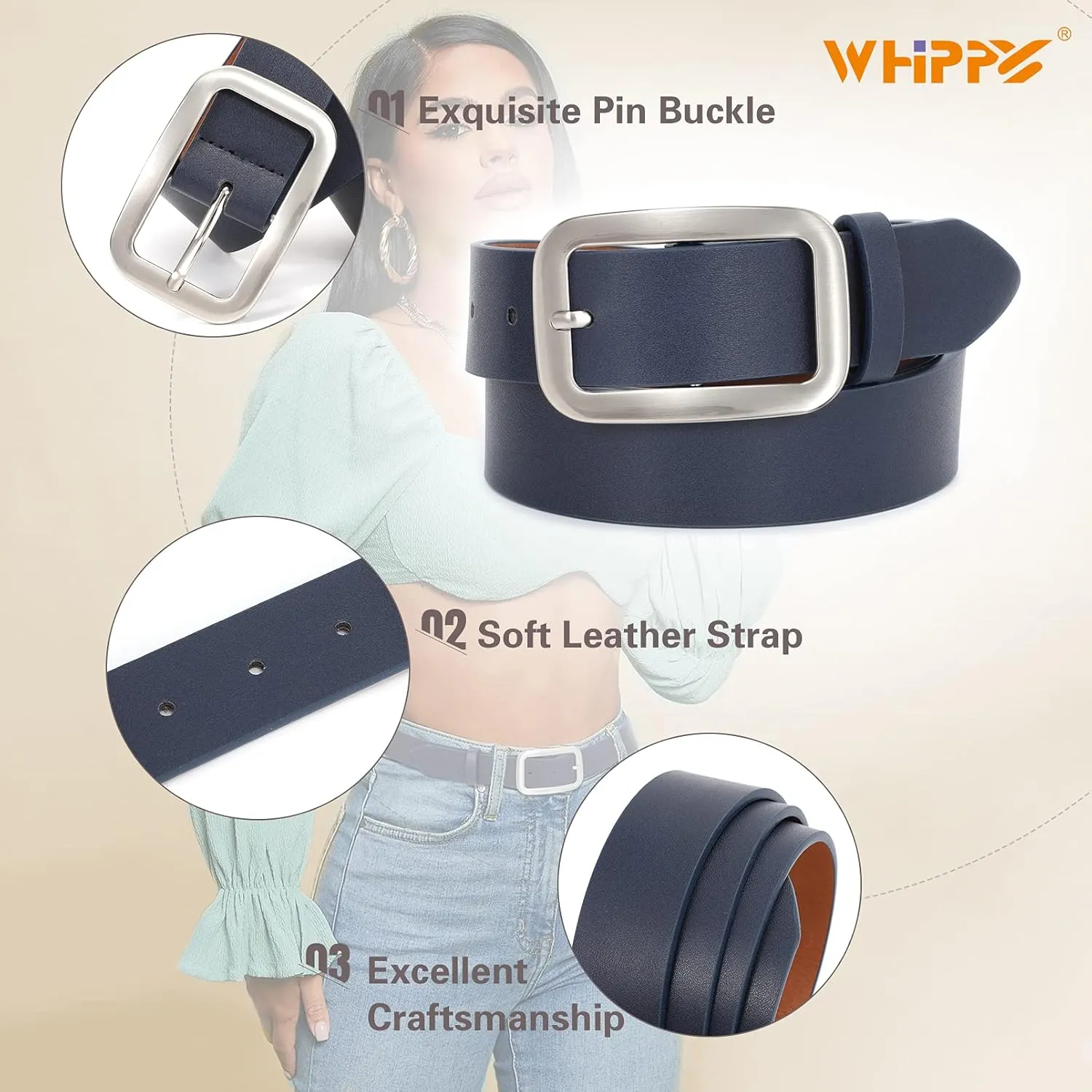WHIPPY Women Leather Belts for Jeans Pants Fashion Dress Belt for Women with Solid Pin Buckle