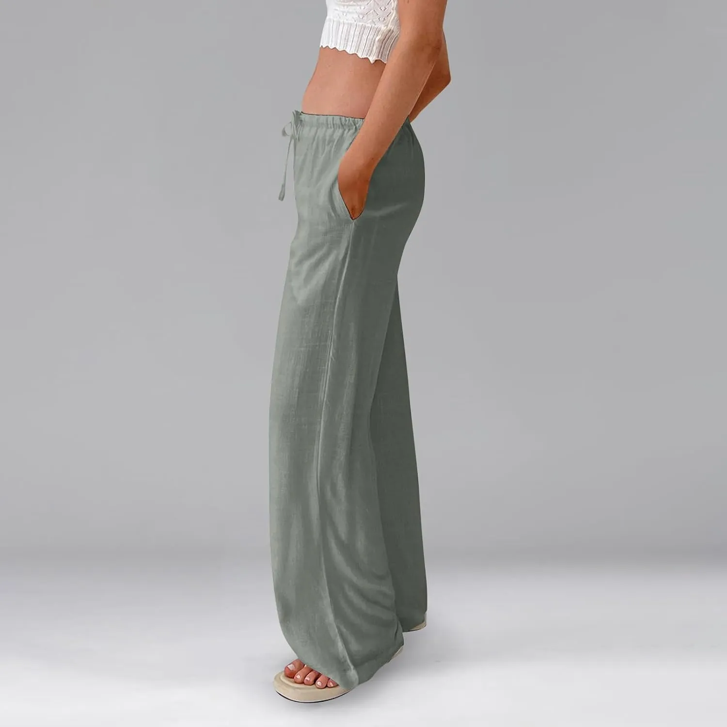 Wide Leg Linen Pants for Women High Waisted Palazzo Pants Casual Summer Trousers Pants Loose Lounge Pants with Pockets