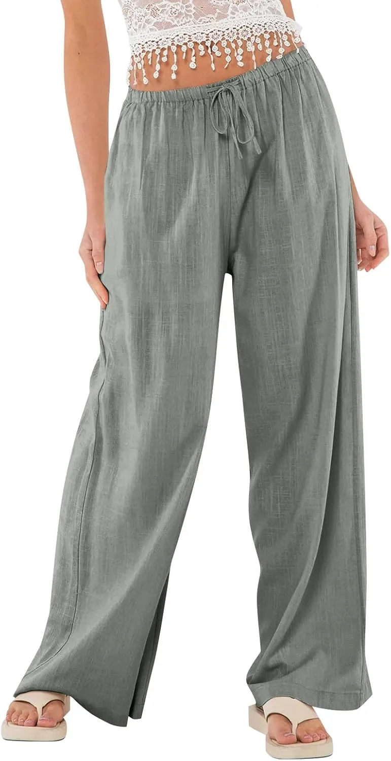 Wide Leg Linen Pants for Women High Waisted Palazzo Pants Casual Summer Trousers Pants Loose Lounge Pants with Pockets