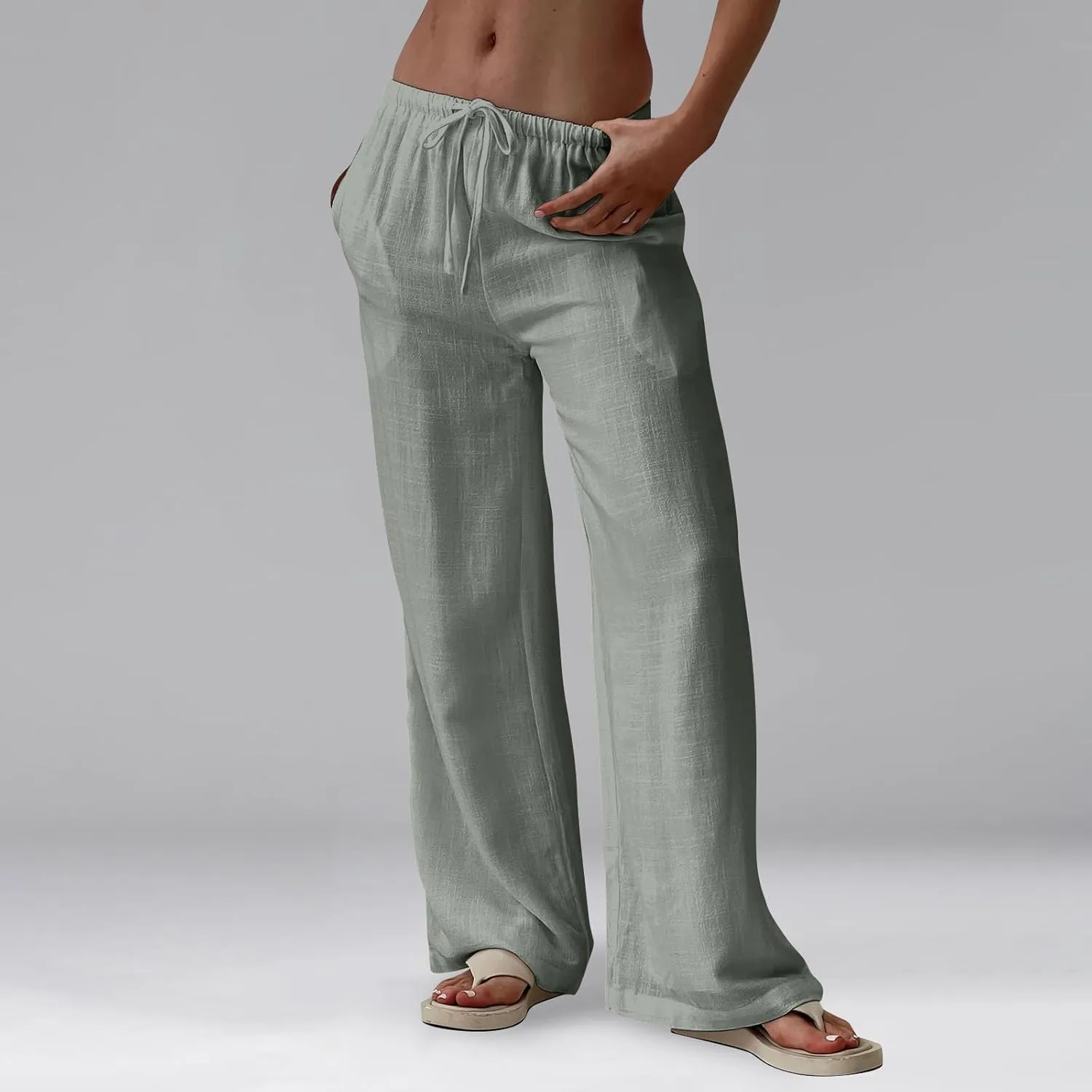 Wide Leg Linen Pants for Women High Waisted Palazzo Pants Casual Summer Trousers Pants Loose Lounge Pants with Pockets