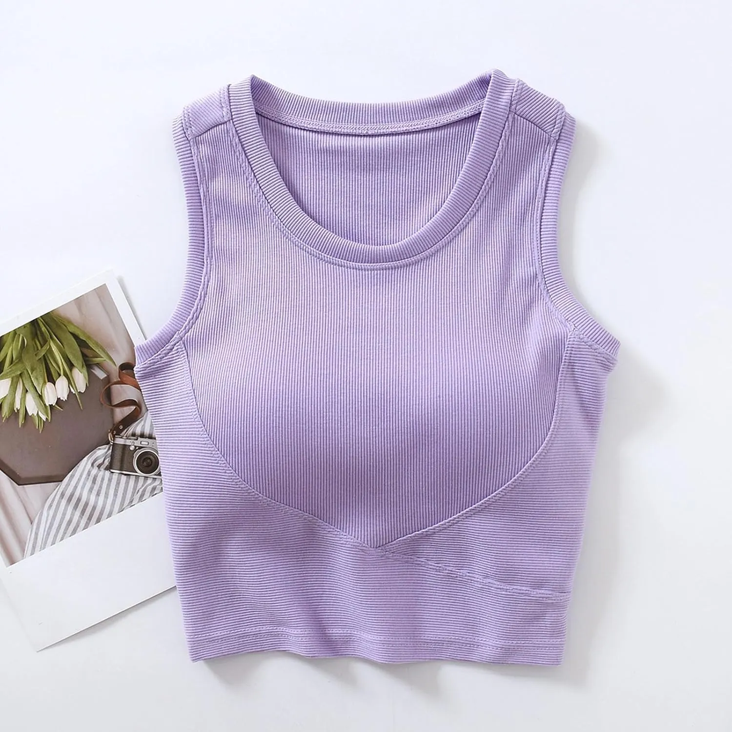 Wmens Crop Tank Tops with Built in Bra Sexy Basic Shelf Bras Yoga Shirts Slim High Neck Padded Camisoles Undershirt
