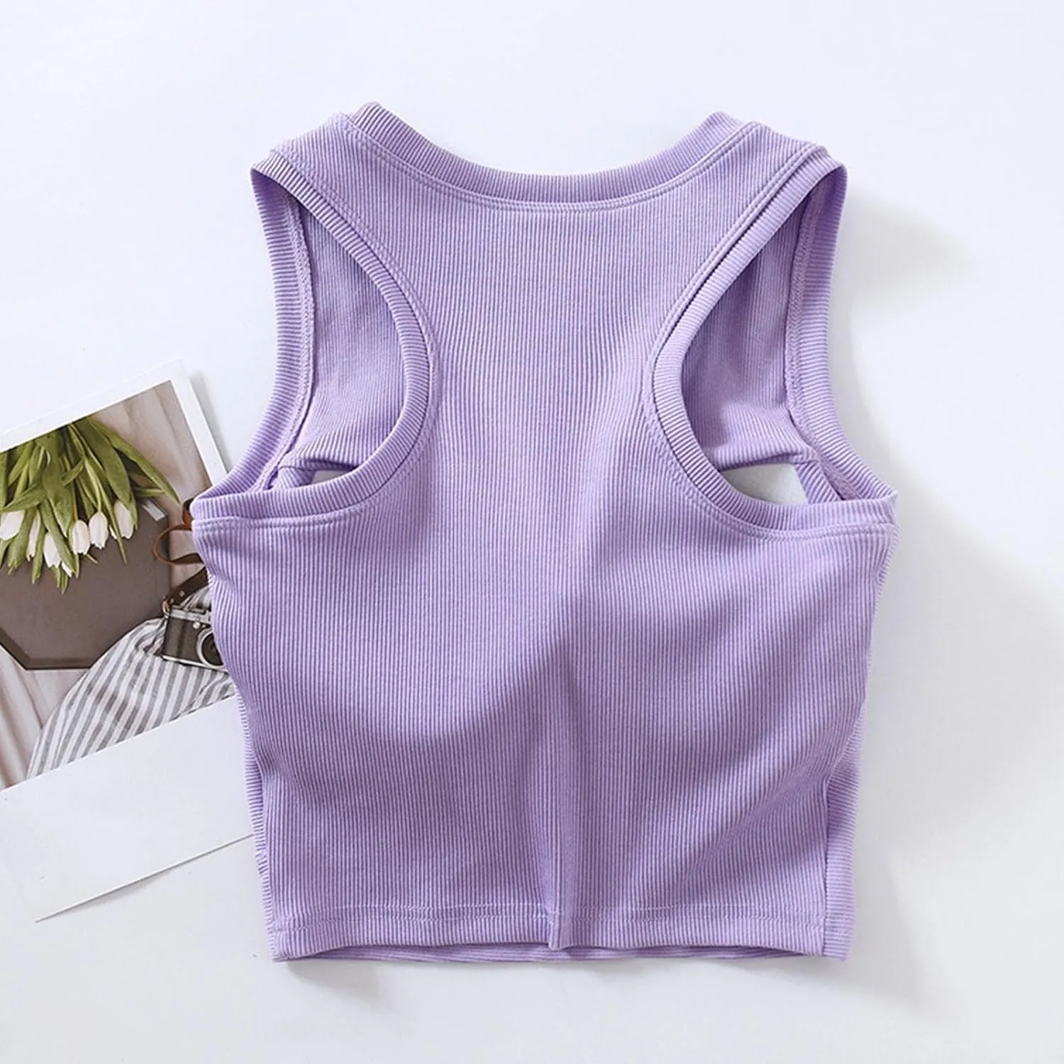 Wmens Crop Tank Tops with Built in Bra Sexy Basic Shelf Bras Yoga Shirts Slim High Neck Padded Camisoles Undershirt