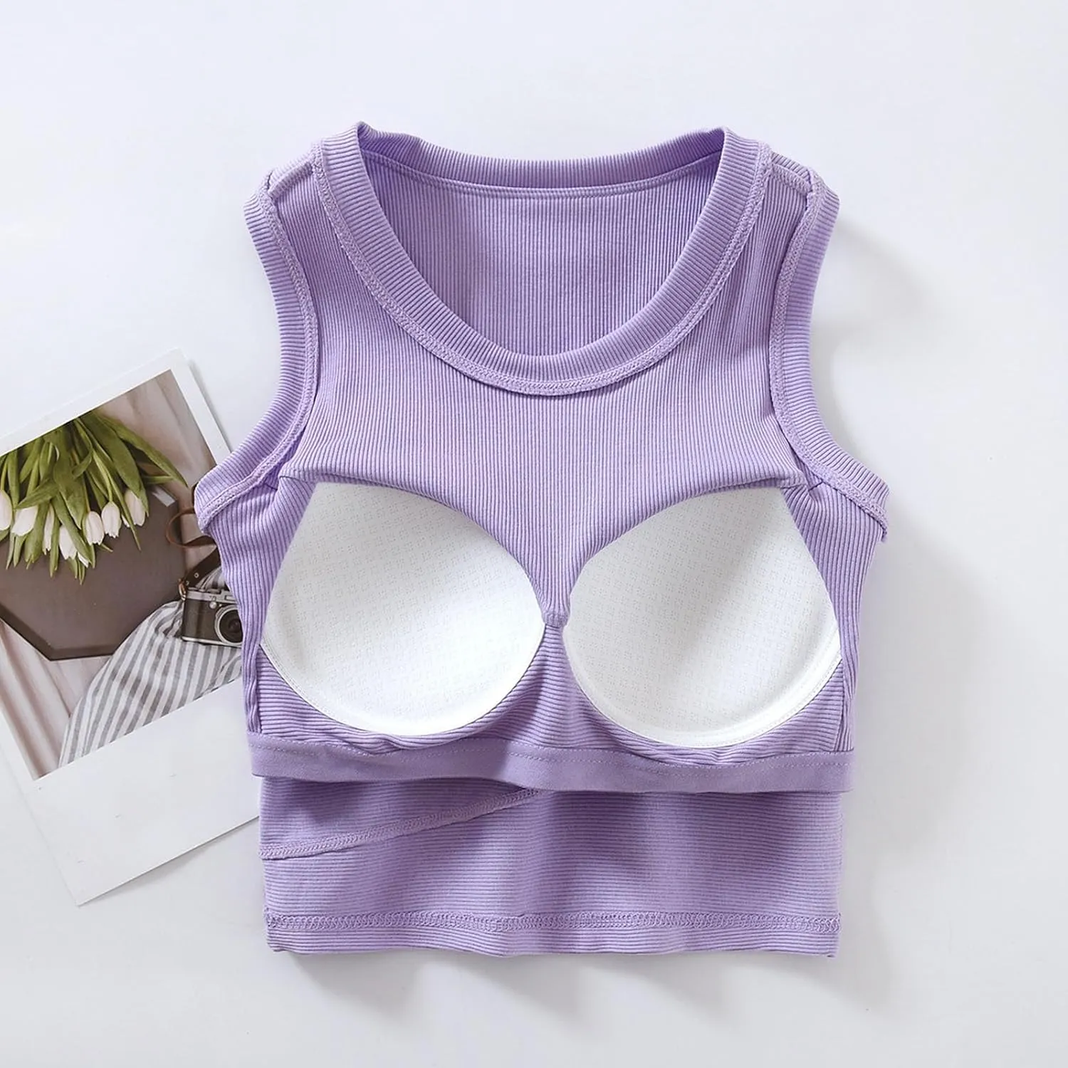 Wmens Crop Tank Tops with Built in Bra Sexy Basic Shelf Bras Yoga Shirts Slim High Neck Padded Camisoles Undershirt