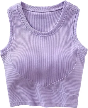 Wmens Crop Tank Tops with Built in Bra Sexy Basic Shelf Bras Yoga Shirts Slim High Neck Padded Camisoles Undershirt