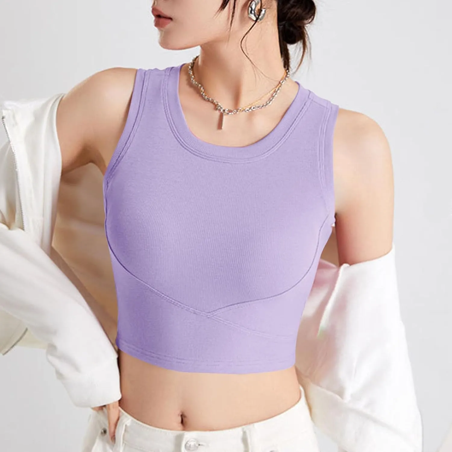 Wmens Crop Tank Tops with Built in Bra Sexy Basic Shelf Bras Yoga Shirts Slim High Neck Padded Camisoles Undershirt