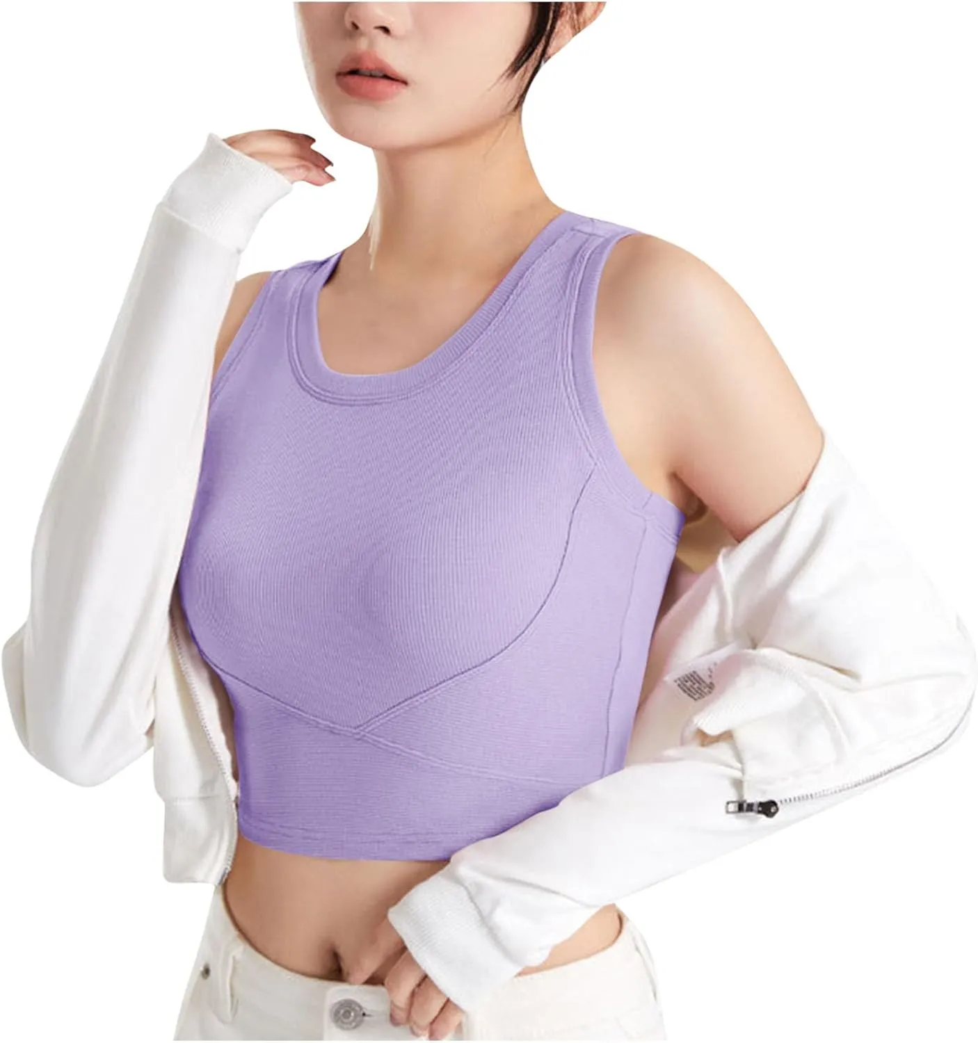 Wmens Crop Tank Tops with Built in Bra Sexy Basic Shelf Bras Yoga Shirts Slim High Neck Padded Camisoles Undershirt