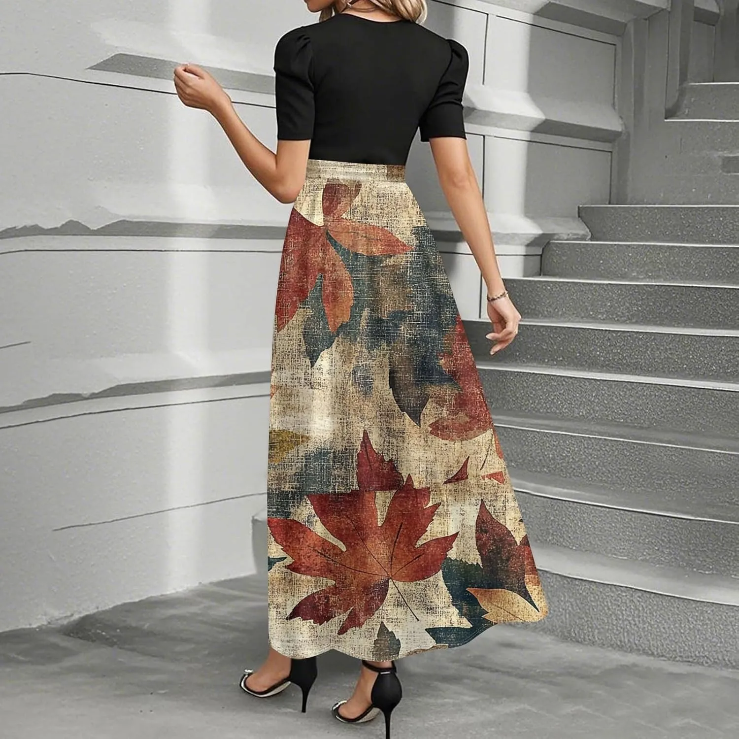 Women 2025 Floral Print Wrap Short Sleeve Maxi Dress- Patchwork Ruffle Hem A Line Dress Wedding Guest Dresses