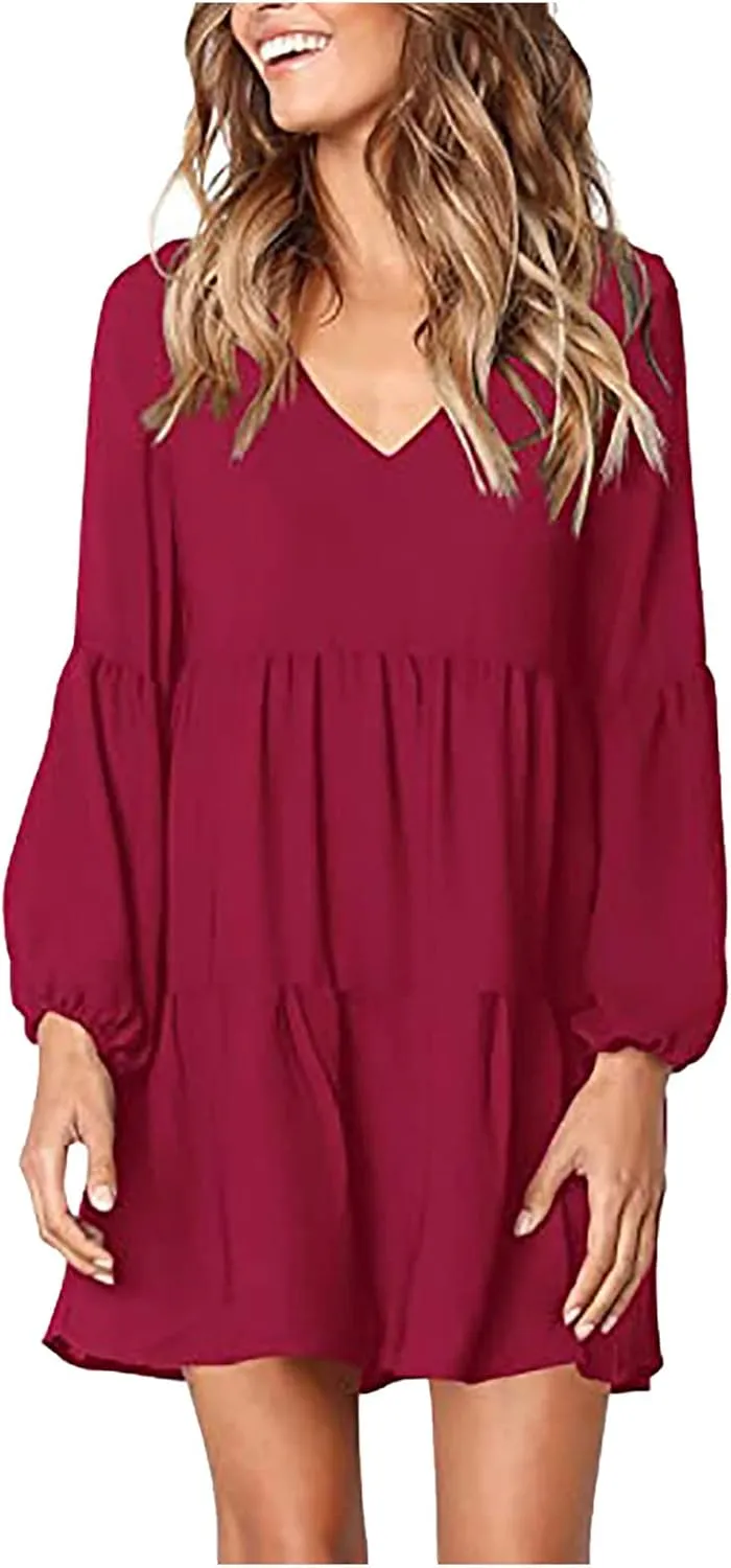 Women Casual Tunic Dress V Neck Tiered Dress Long Sleeve Fit Swing Shift Dress with Pockets Loose Ruffled Dresses