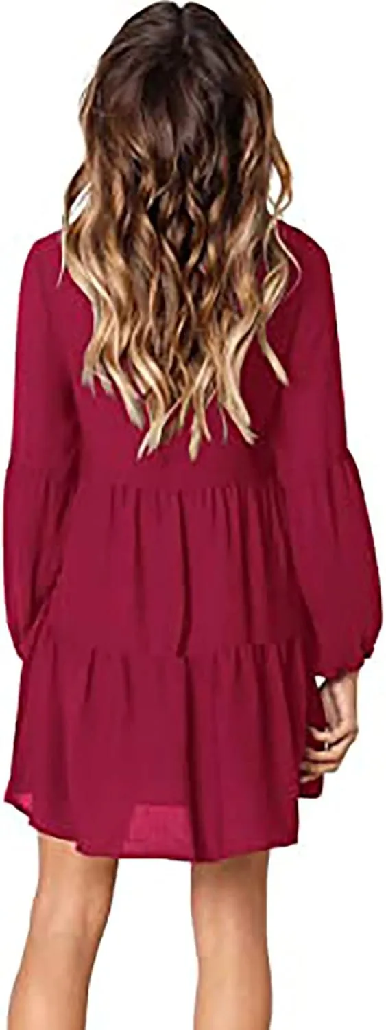 Women Casual Tunic Dress V Neck Tiered Dress Long Sleeve Fit Swing Shift Dress with Pockets Loose Ruffled Dresses