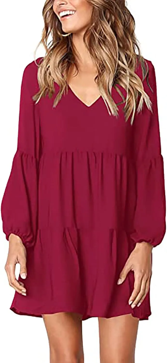 Women Casual Tunic Dress V Neck Tiered Dress Long Sleeve Fit Swing Shift Dress with Pockets Loose Ruffled Dresses