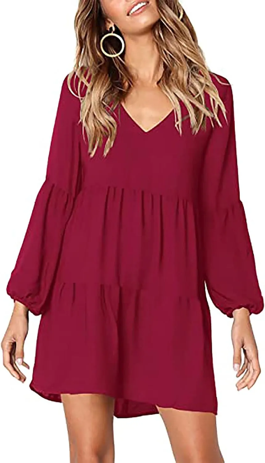 Women Casual Tunic Dress V Neck Tiered Dress Long Sleeve Fit Swing Shift Dress with Pockets Loose Ruffled Dresses