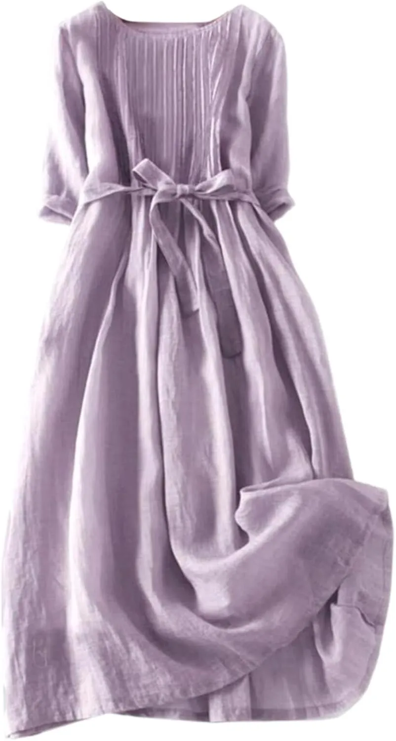 Women Cotton Linen Dresses 3/4 Sleeve Floral Print 2025 Maxi Button Down Casual Boho Plus Size A Line Summer Dress