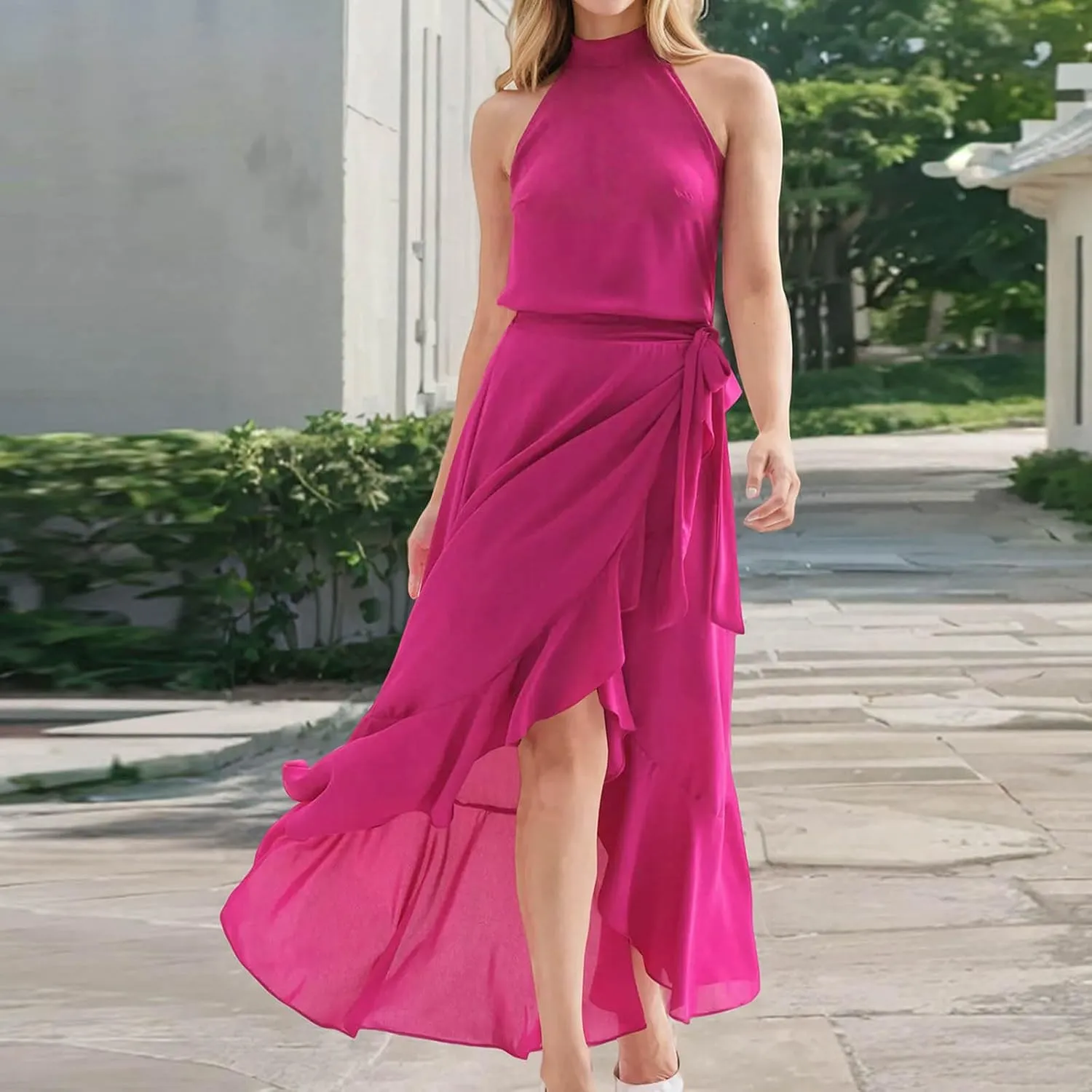 Women Elegant Halter A-Line Dress Summer Flowy Wrap Wrap Hem High-Low Dresses Bleted High Waist Prom Maxi Dress