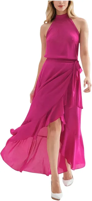 Women Elegant Halter A-Line Dress Summer Flowy Wrap Wrap Hem High-Low Dresses Bleted High Waist Prom Maxi Dress